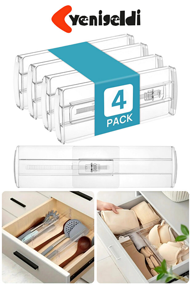 4Pcs Adjustable Non-Adhesive Lockable Clear Drawer Divider Plastic Organizer Organizer