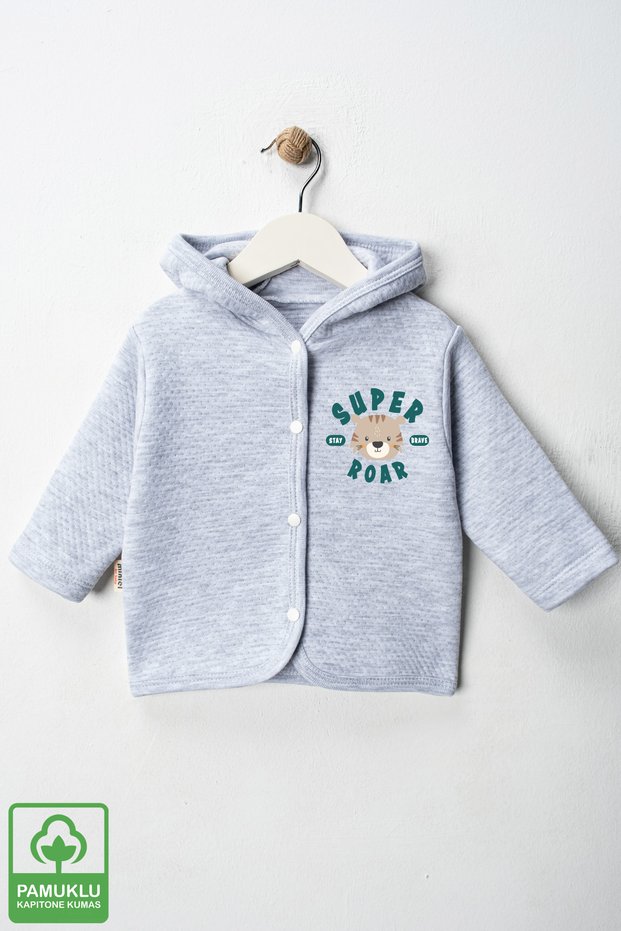 Baby Boy Super Roar Printed Organic Cotton 6-9-12-18 Months Quilted Baby Cardigan