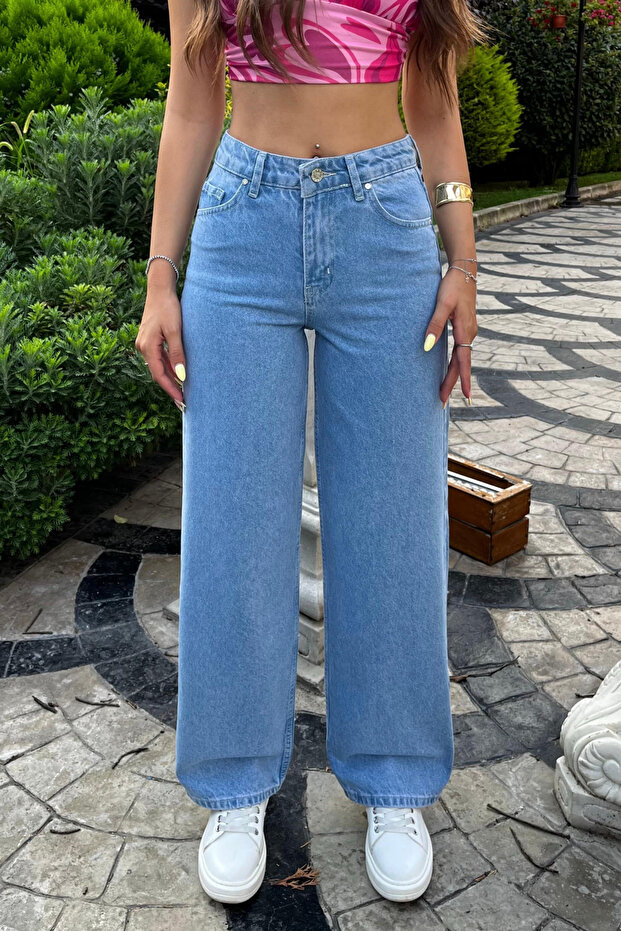 Μπλε ψηλόμεσο τζιν με φαρδύ πόδι - 3