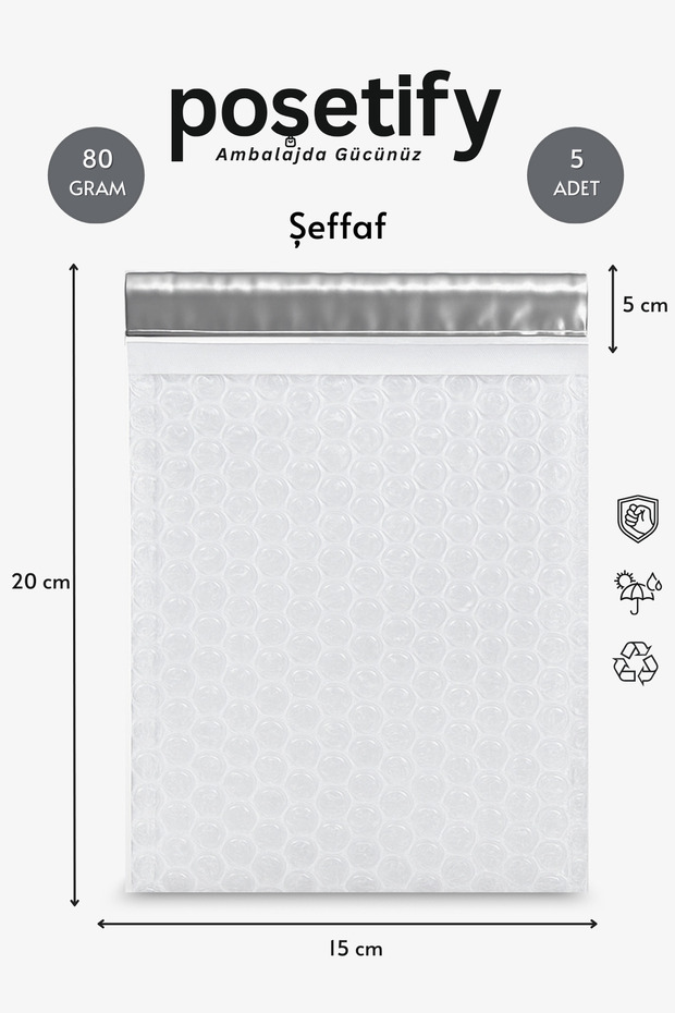 Balonlu Şeffaf Kargo Poşeti 15X20+5 cm | 80 gr Bantlı Patpatlı Kargo Poşeti | 5’li E-Ticaret Poşeti - 1
