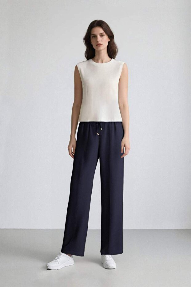 Wide Straight Flexible Waist Pocketed Lace-Up Straight Leg Pants D8354Ax25Sp
