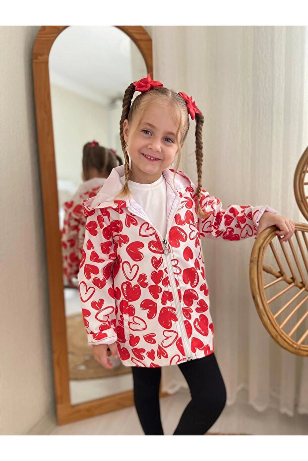 Girl's Red and White Heart Water and Windproof Trench Coat-Raincoat-Windbreaker