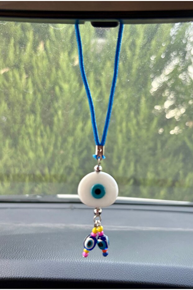White Round Glass Evil Eye Beaded Car Mirror Ornament Car Charm Evil Eye Protection
