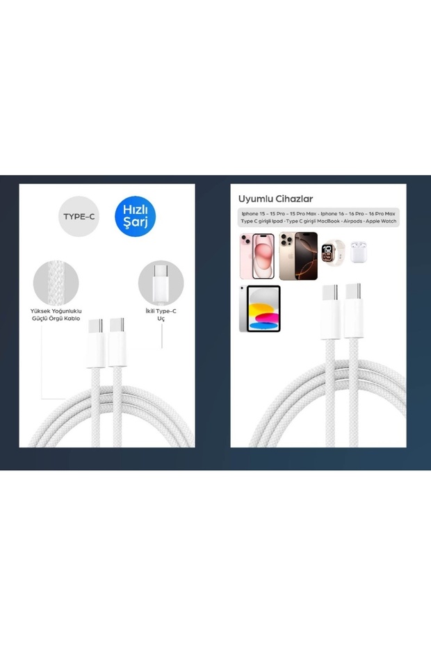 Tüm Cihazlarla Uyumlu iPhone Android, tablet "3'ü 1 Arada Hızlı Şarj Kablosu - Type-C & Lightning" - 5