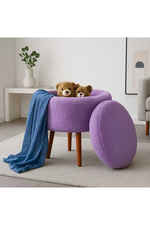 Teddy Oval Ahşap Retro Ayaklı Dekoratif Sandıklı Puf - 2