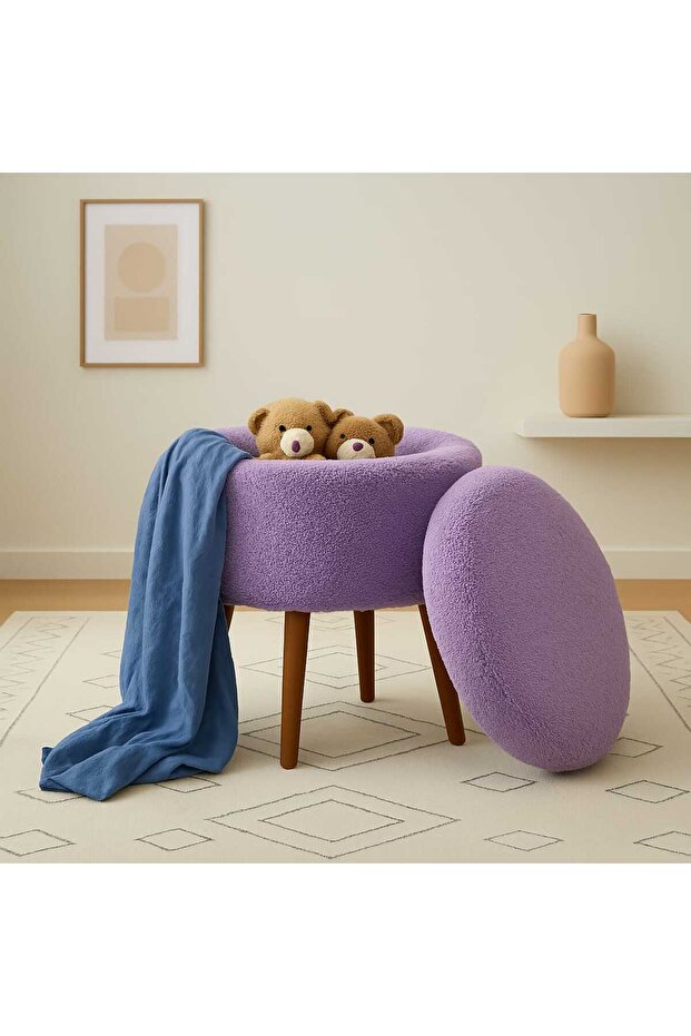 Teddy Oval Ahşap Retro Ayaklı Dekoratif Sandıklı Puf - 3