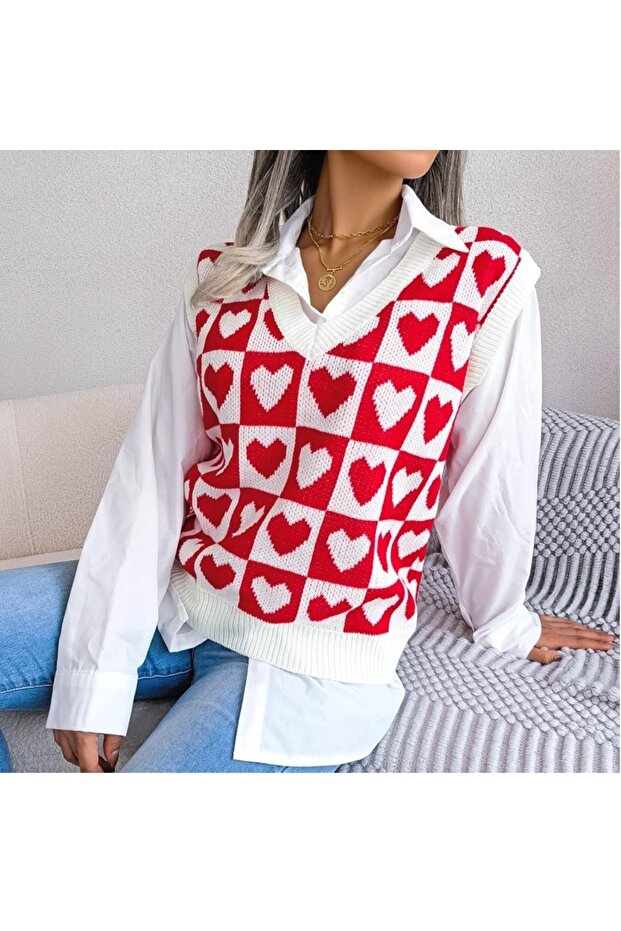 Kadın kırmızı oversize triko süveter - 3