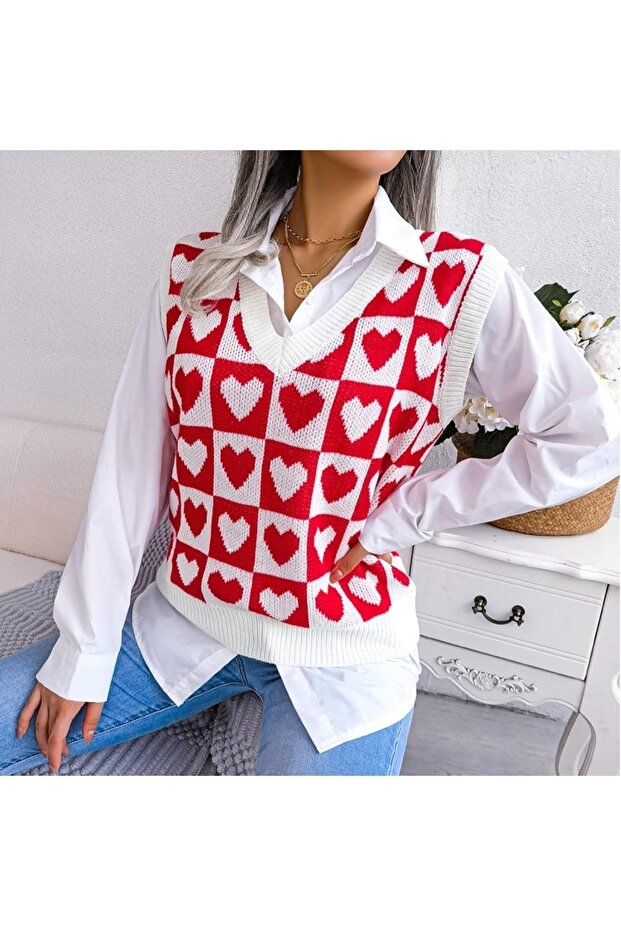 Kadın kırmızı oversize triko süveter - 5