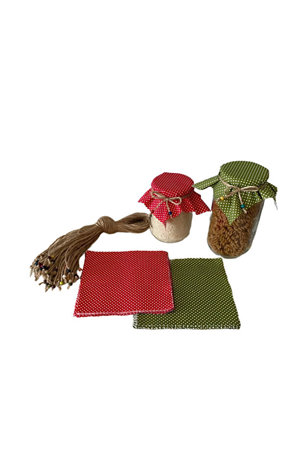 50 Pieces of Red and Green Polka Dot Red Jar Lid Fabric (Cover) and Beaded Binding Rope