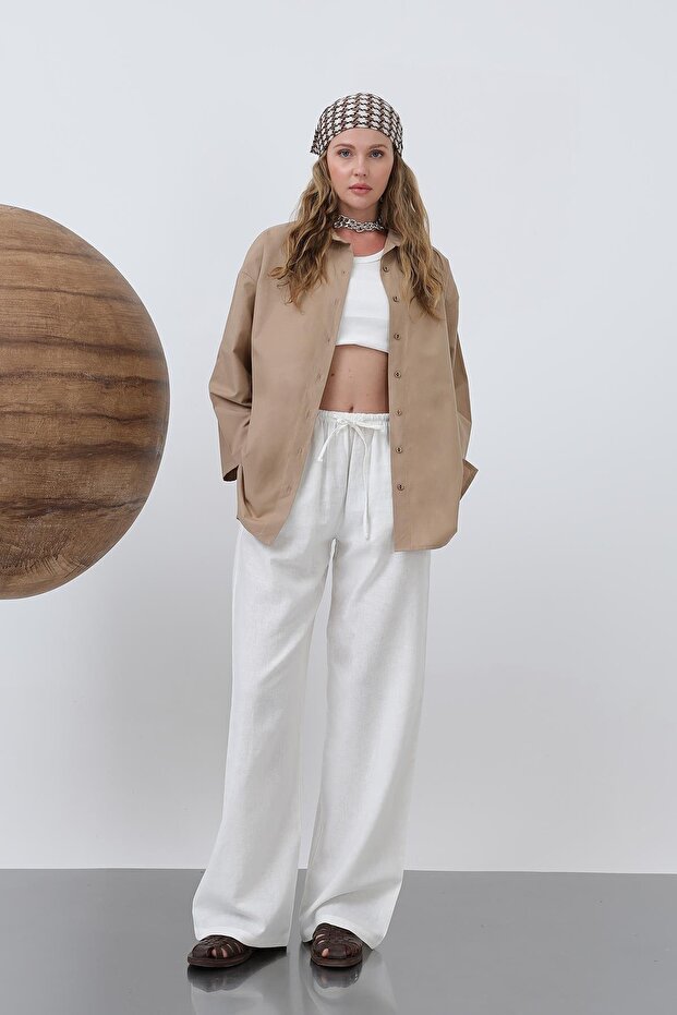 Kadın Kol Detaylı Basic Gömlek - 20655GML - DARK BEIGE - 1