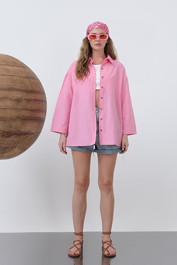 Kadın Geniş Kollu Basic Pamuklu Gömlek - 20655GML - Pembe - 4