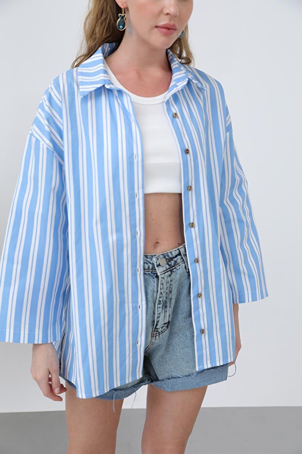 Kadın Kol Detaylı Basic Gömlek - 20655GML - Mavi-Ekru - 3