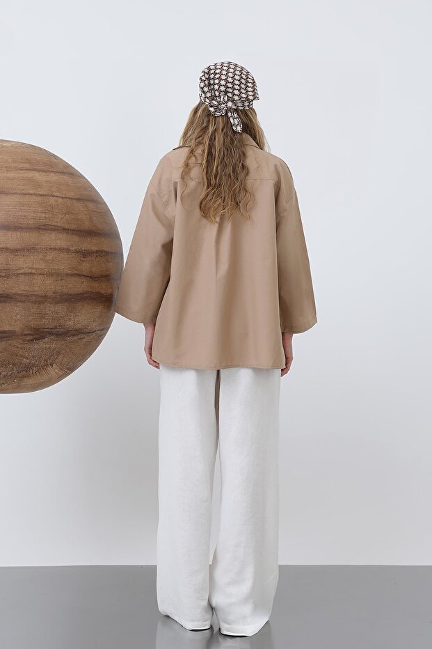 Kadın Kol Detaylı Basic Gömlek - 20655GML - DARK BEIGE - 6