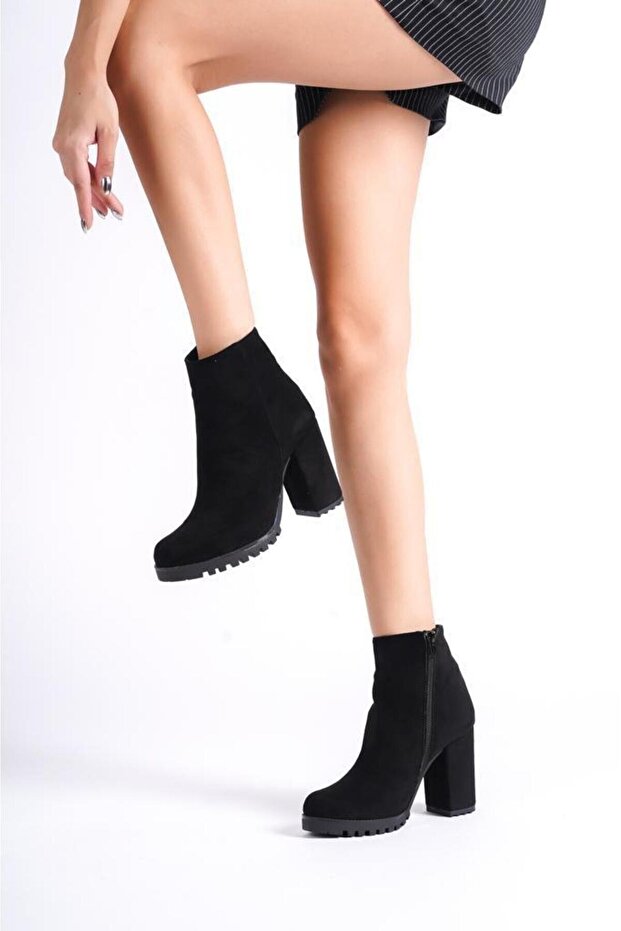 MBZFR5008S-S Kadın Süet Siyah Kalın Topuklu Fermuarlı Kısa Bot&Bootie - 1