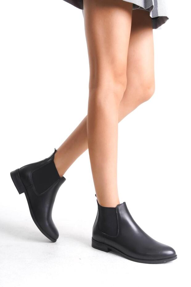 Mubiano Genuine Leather Collection Women's Rubber Detailed Short Boots&Bootie Black - Mcsdt036 - S