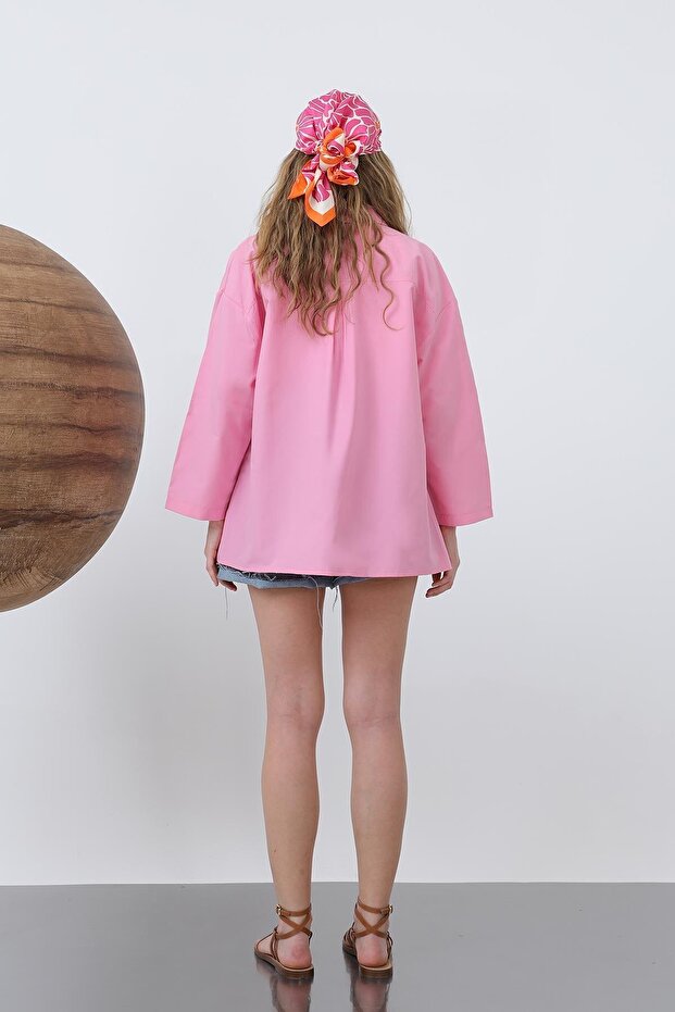 Kadın Geniş Kollu Basic Pamuklu Gömlek - 20655GML - Pembe - 6