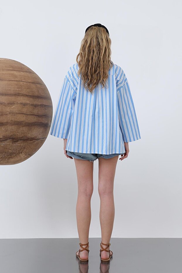 Kadın Kol Detaylı Basic Gömlek - 20655GML - Mavi-Ekru - 6