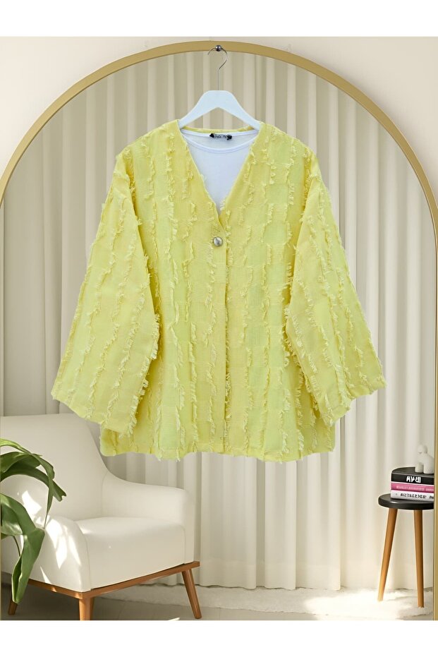 كيمونو منقوش بأزرار مفردة ومربعات - أصفر - 1