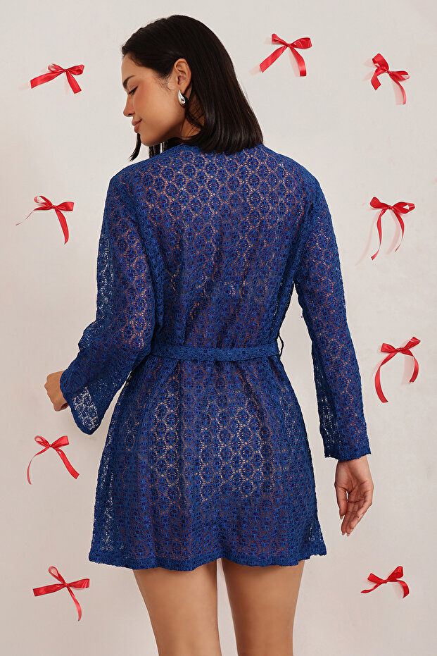 رداء شفاف أنيق باللون الأزرق الملكي - دانتيل - 4