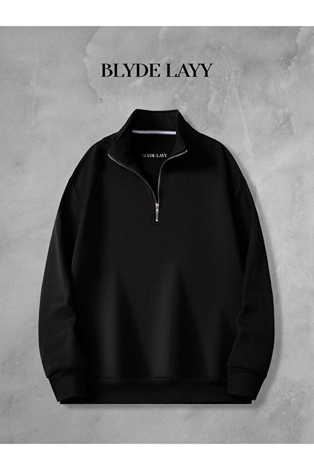 3 Thread Black Half Zipper Unprinted Sweatshirt