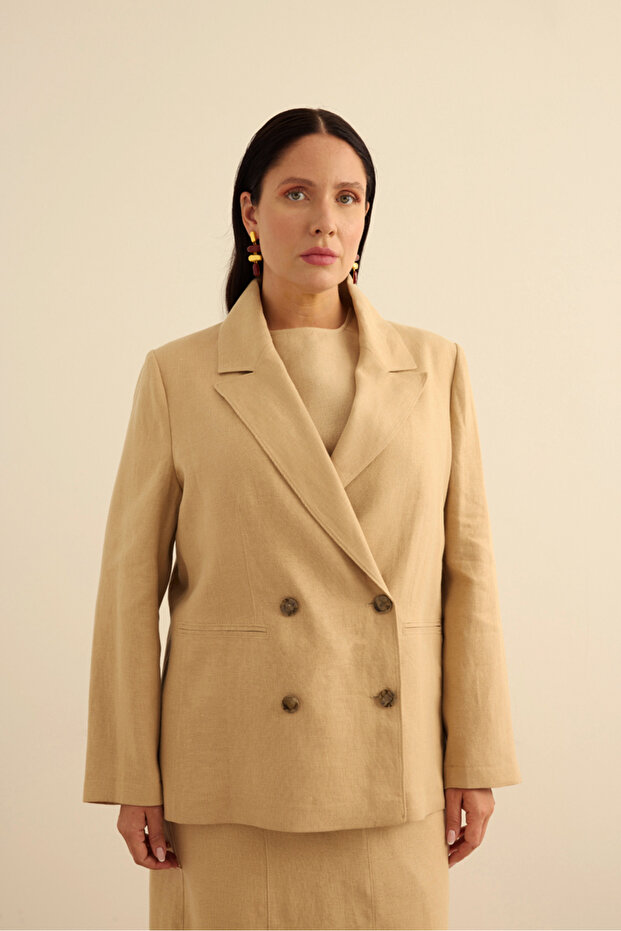 Double Breasted Closure Linen Jacket - 1