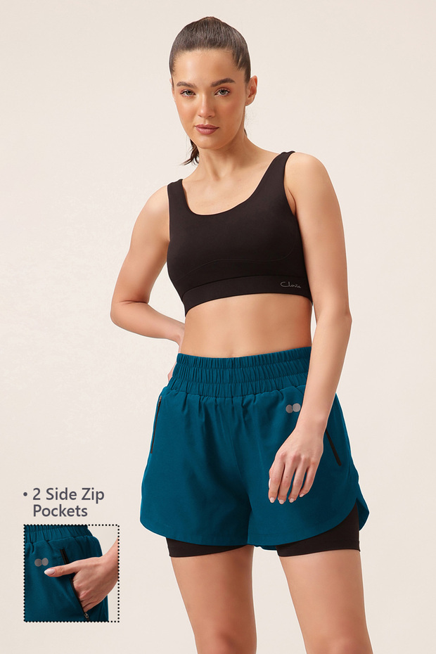 Snug Fit Active High Rise Running Shorts in Teal Blue
