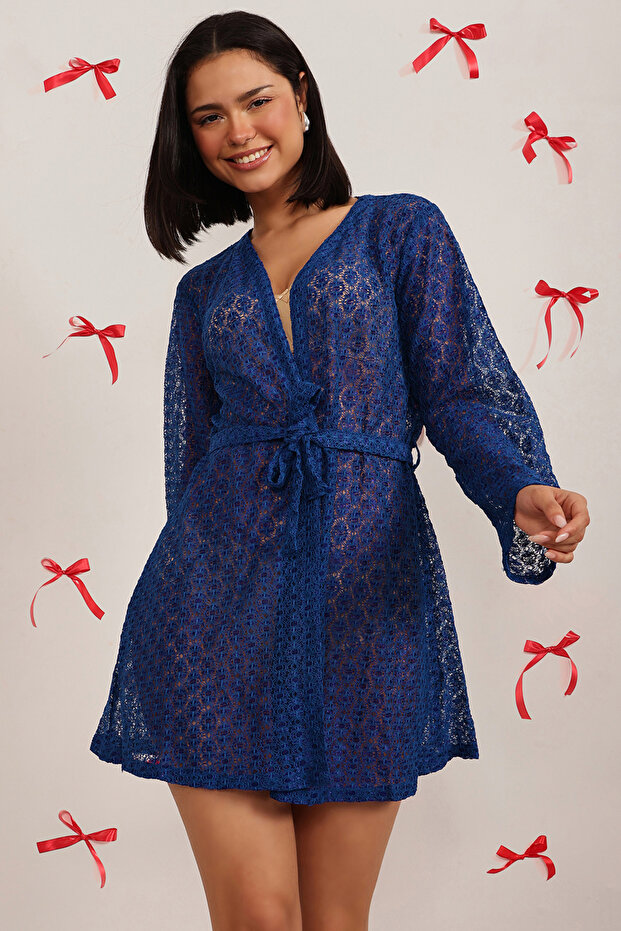 رداء شفاف أنيق باللون الأزرق الملكي - دانتيل - 2