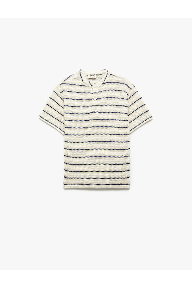 Buttoned Round Neck Short Sleeve Knitwear Striped T-Shirt