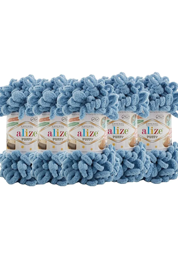 Puffy 5’li Paket El Örgü İpi - Şişsiz – 100g x 5 Adet – Renk No: 280 - Orta Mavi - 1