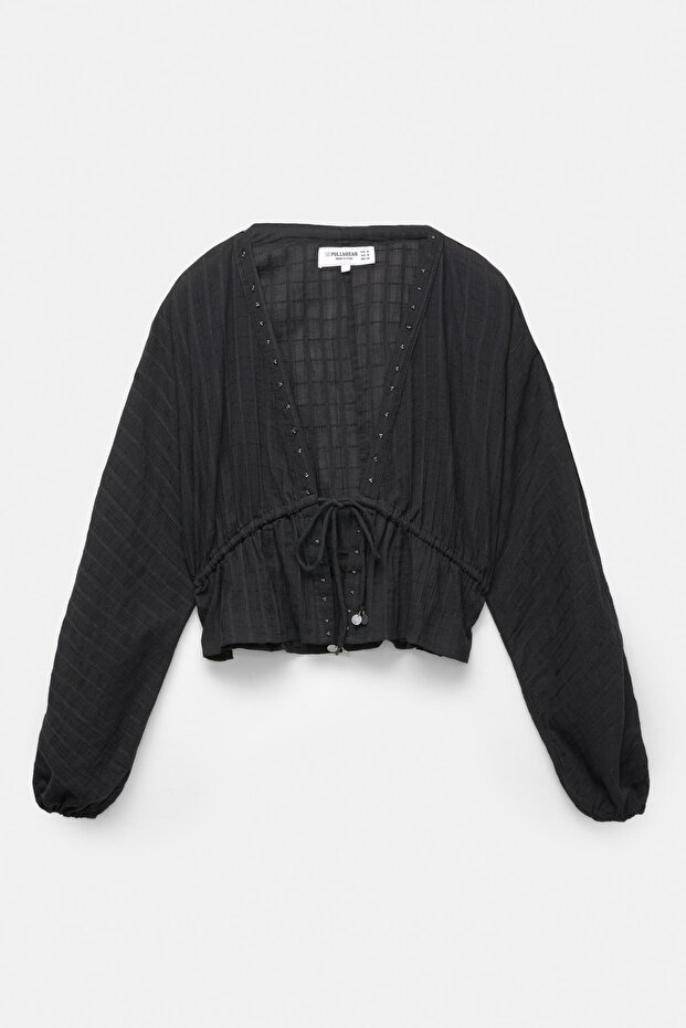 Bağlama detaylı boncuklu bluz - 5