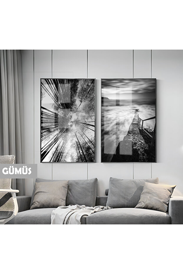 Amazing | Black&White Set Tree Modern Combination | Framed Glass Table 2 Pieces Vertical