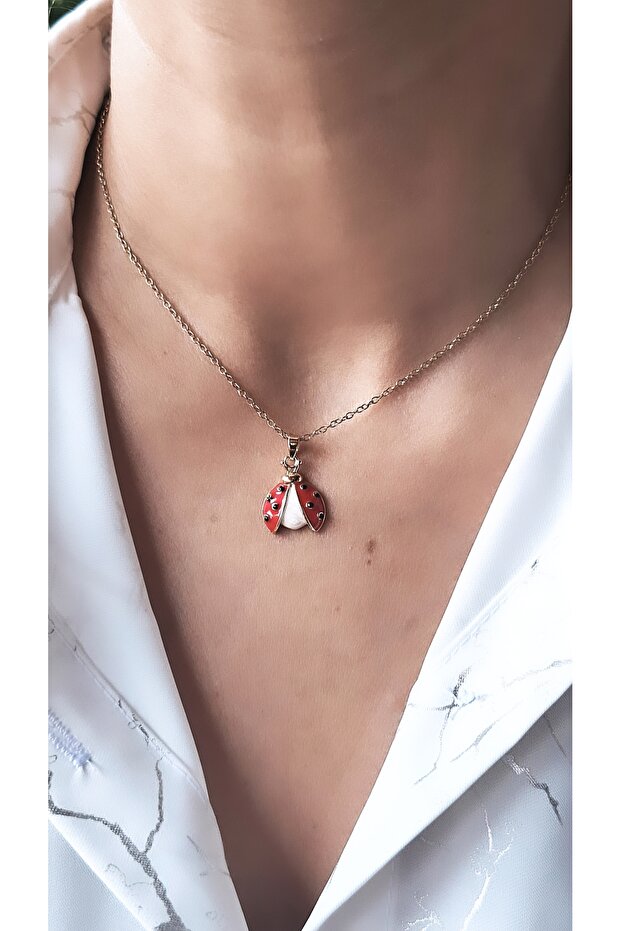 Kanatlı Uğur Böceği Figürlü Çelik Kolye - 3