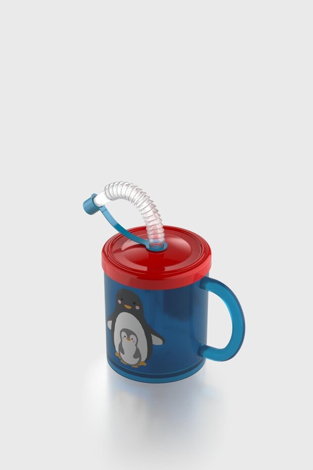 Ruby Penguin Patterned 210 ml Pp Baby Cup with Straw and Handle 142003 Blue-Red - 2