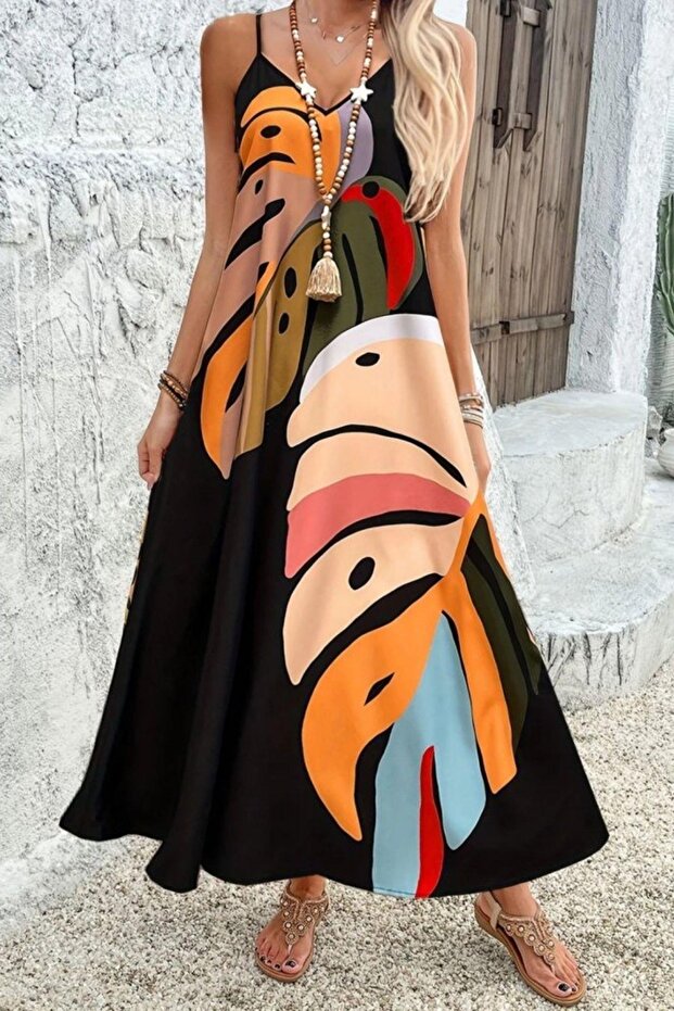 فستان ماكسي سوبريم منقوش بحمالات - أسود - 3