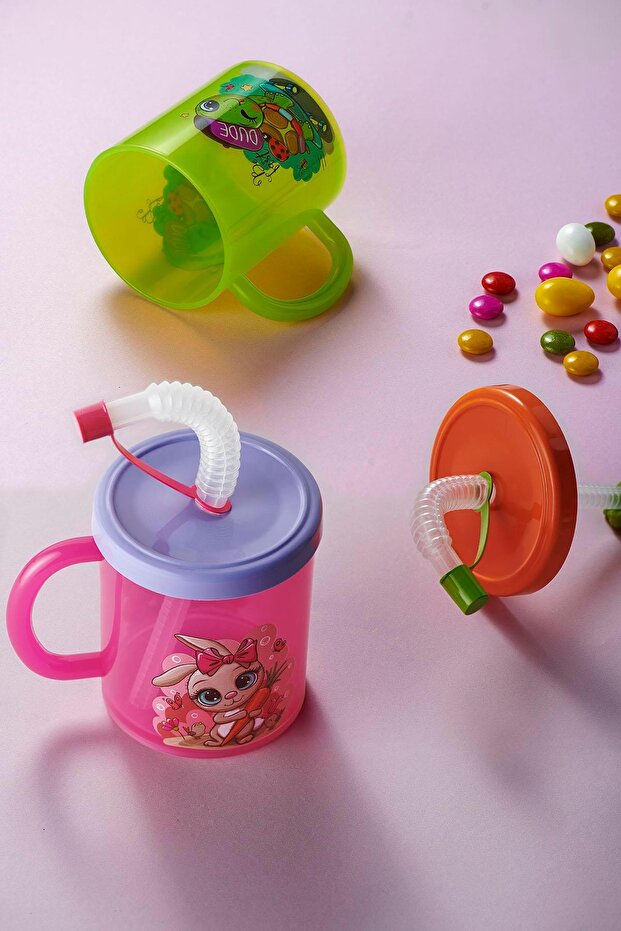 Ruby Turtle Patterned 210 ml Pp Baby Cup with Straw and Handle 142026 Green-Orange - 4