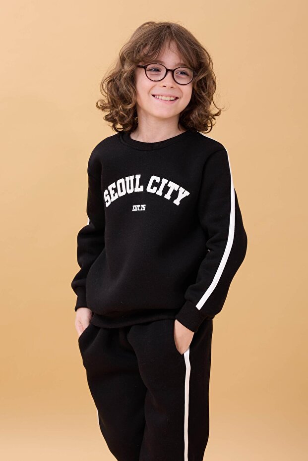 Boy's Appliqued Raised Crew Neck Double College Suit - Black