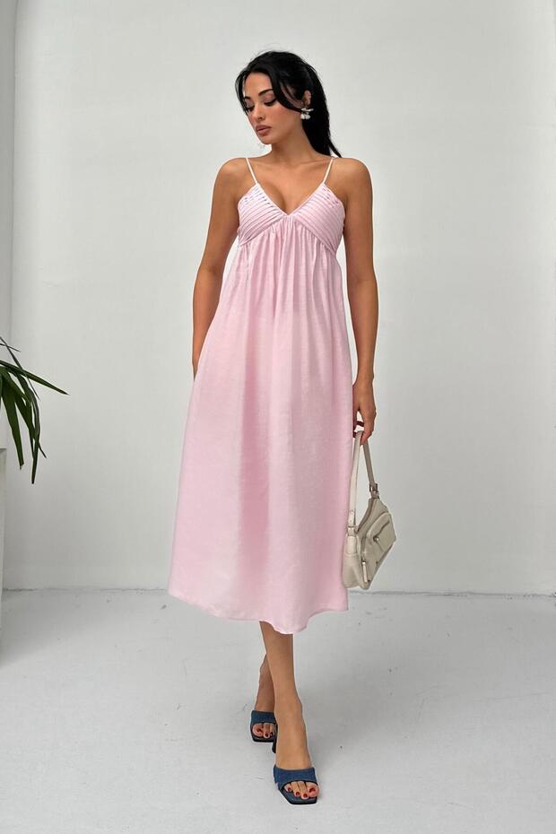 Pink Slim Strap Pleated Midi Dress