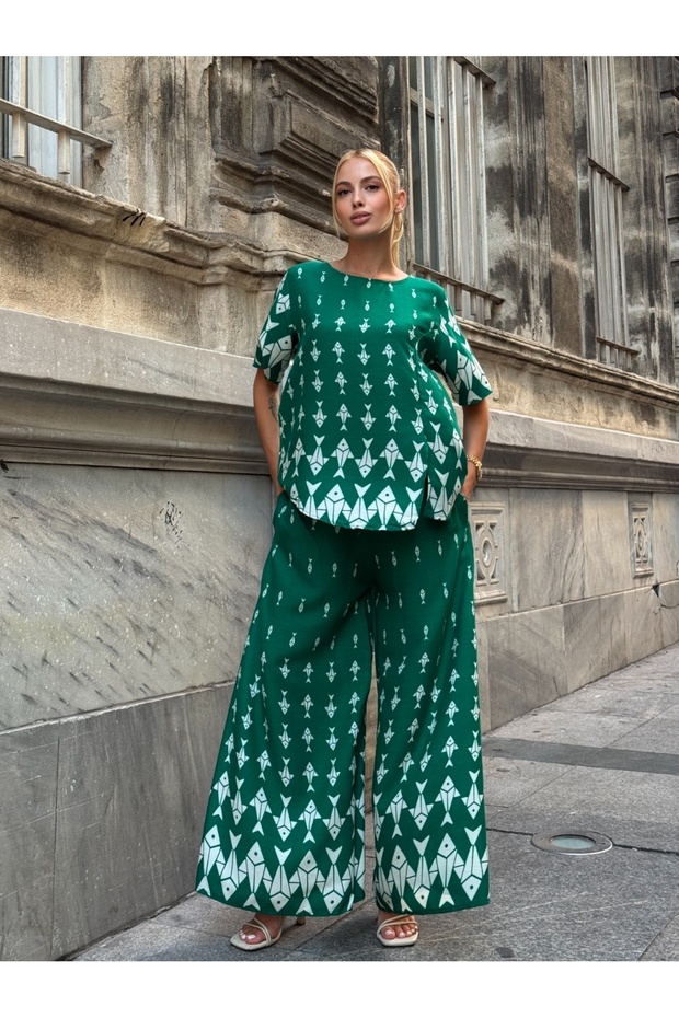 Viscose Fabric Patterned Wide Leg Bottom Top Set - 2