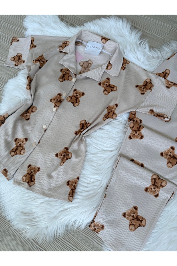 Ekru Ayıcık Desenli Kısa Kol Pegasus Pijama Takımı - 7