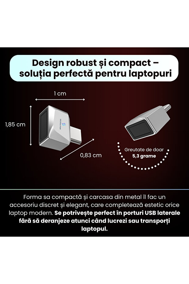 USB-C fingerprint reader model U10, advanced security, compatible with Android and IOS, plug&play, gray - 6