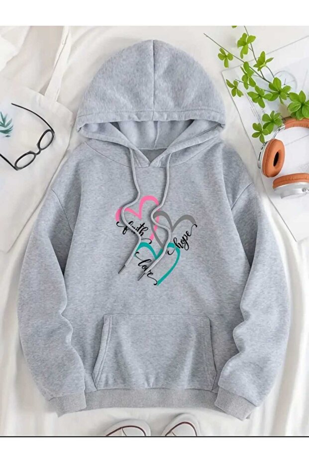 Faith Hope Love Printed Hooded Pocket Wool Inside Gray Sweatshirt