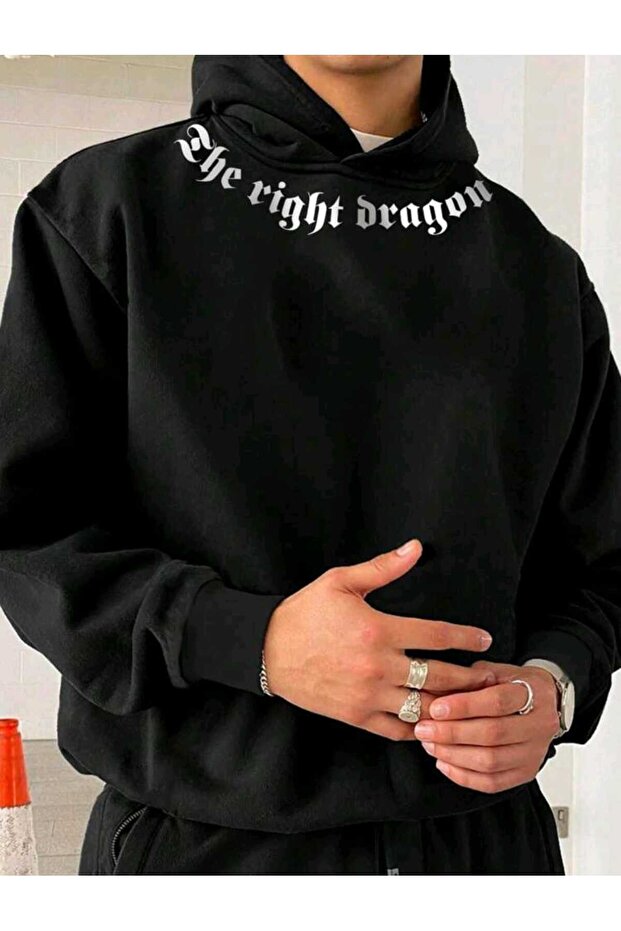The Right Dragon Printed Hooded Pocket Cotton Black Sweatshirt