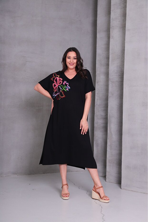 Viskon Oversize Elbise Nakışlı - 3