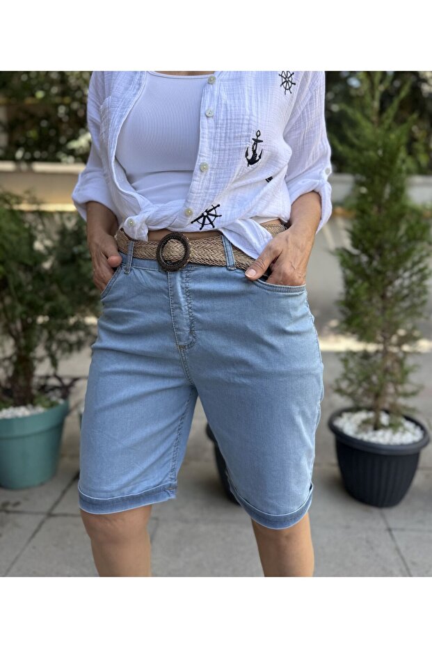 Likralı Kot Şort Açık Mavi - 1
