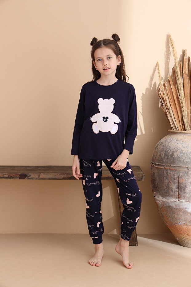 Lacivert Kalp Desen Pamuklu Örme Uzun Kol Çocuk Pijama Takımı - 5