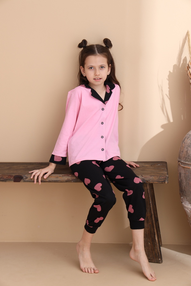 Pembe Kalp Desen Pamuklu Örme Uzun Kol Çocuk Düğmeli Pijama Takımı - 3