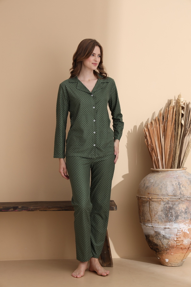 Küçük Nokta Desen Süet Örme Uzun Kol Anne-Kız Düğmeli Pijama Takımı - 4