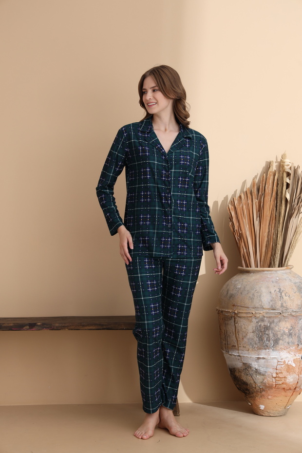 Ekose Desen Süet Örme Uzun Kol Kadın Düğmeli Pijama Takımı - 4