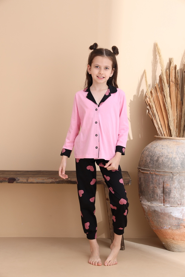 Pembe Kalp Desen Pamuklu Örme Uzun Kol Çocuk Düğmeli Pijama Takımı - 5