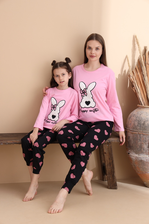 Pembe Kalp Desen Pamuklu Örme Uzun Kol Çocuk Pijama Takımı - 1